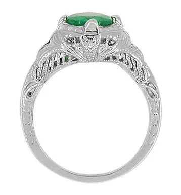 Art Deco Engraved Filigree Emerald Engagement Ring in 14 Karat White Gold