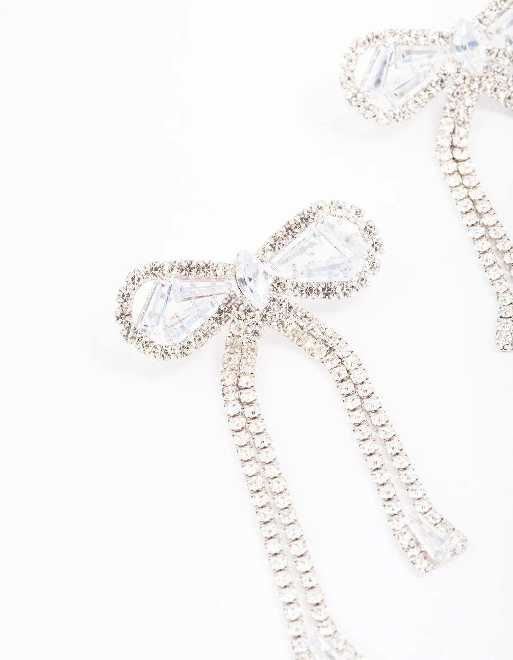 Silver Large Diamante Bow Drop Earrings